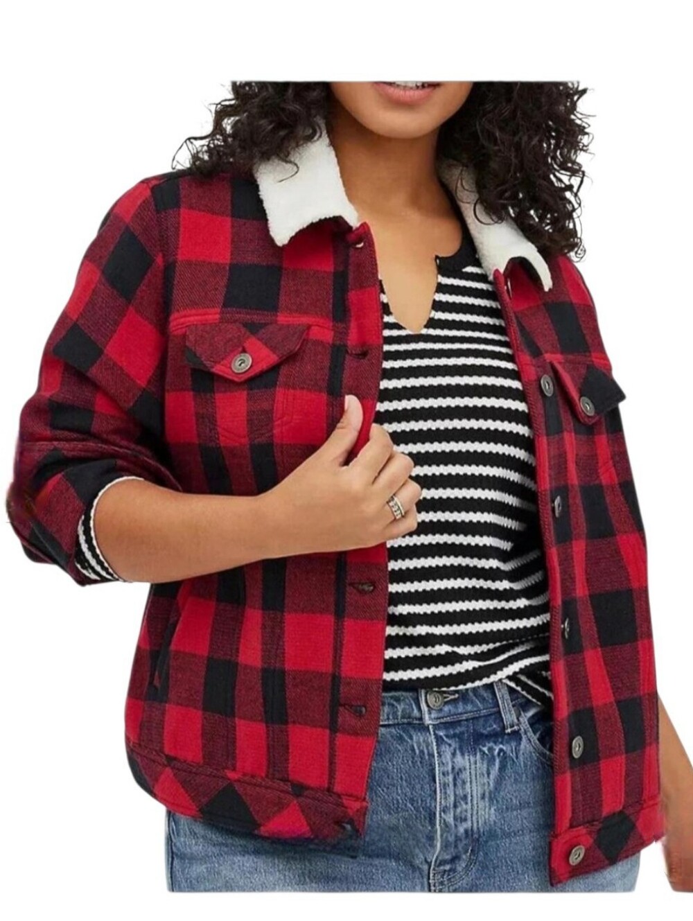 Torrid Buffalo Plaid Red Black Sherpa Collar Trucker Jacket
